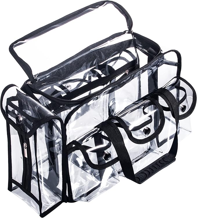 Wide Open Large Professional Clear PVC Travel Makeup Artist Set Cosmetic Nails Beauty Transparent Vinyl Tool Organizer Work Beach Diaper Bag With 6 External Pockets & Strap (Black)