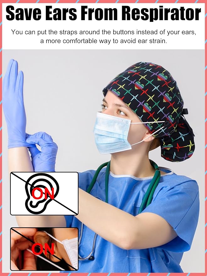 6 Pcs Satin Lined Scrub Caps Women Nurse Surgical Hat with Buttons Ponytail Working Adjustable Pouch Tie Back