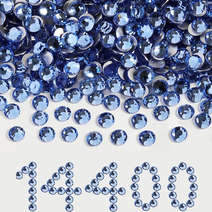 Beadsland Flatback Rhinestones Bulk, 14400pcs Light Blue Rhinestones for Nails Crafts Clothes DIY Decoration, Light Sapphire, SS10, 2.7-2.9mm