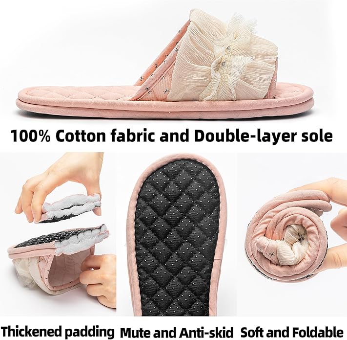 3 Pairs Floral Cotton House Slippers for Women, Open Toe Indoor Slippers Comfortable Washable Portable Foldable Guest Travel Hotel Airplane Spa Slippers