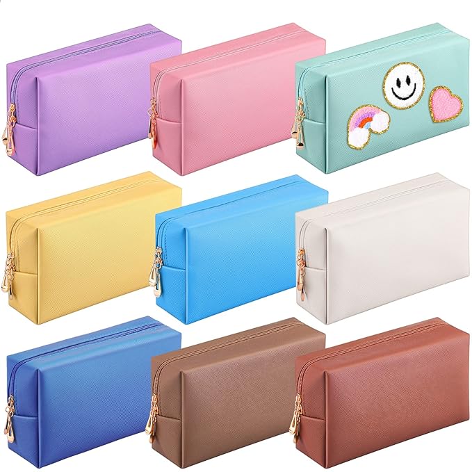 Sanwuta 9 Pcs Preppy Makeup Bag PU Leather Cosmetic Bag Makeup Pouch Plain Waterproof Toiletry Organizers for Traveling Preppy Travel Purse End of the Year Teacher Gifts Bulk(Vintage Colors)