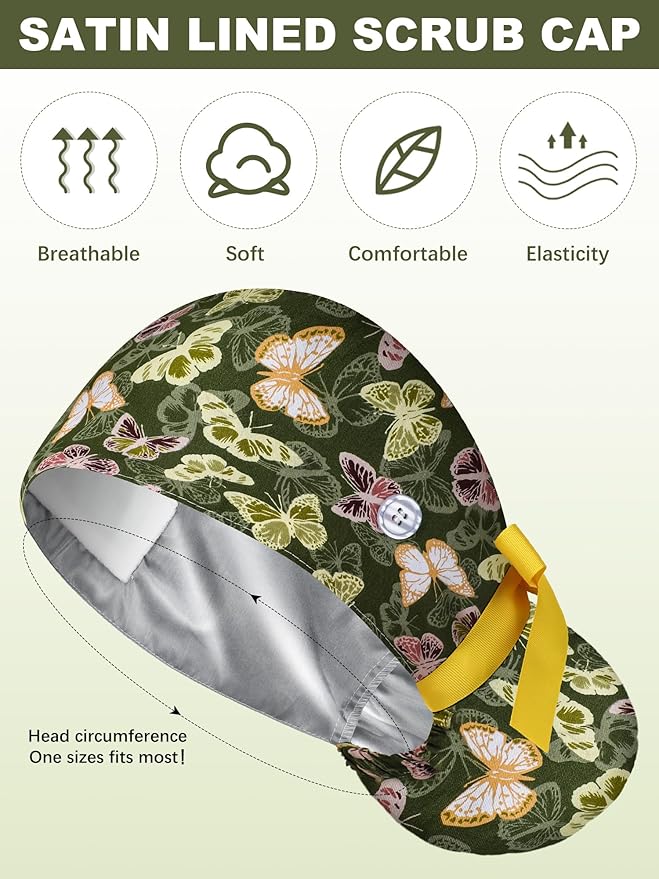 6 Pcs Satin Lined Scrub Caps Women Nurse Surgical Hat with Buttons Ponytail Working Adjustable Pouch Tie Back