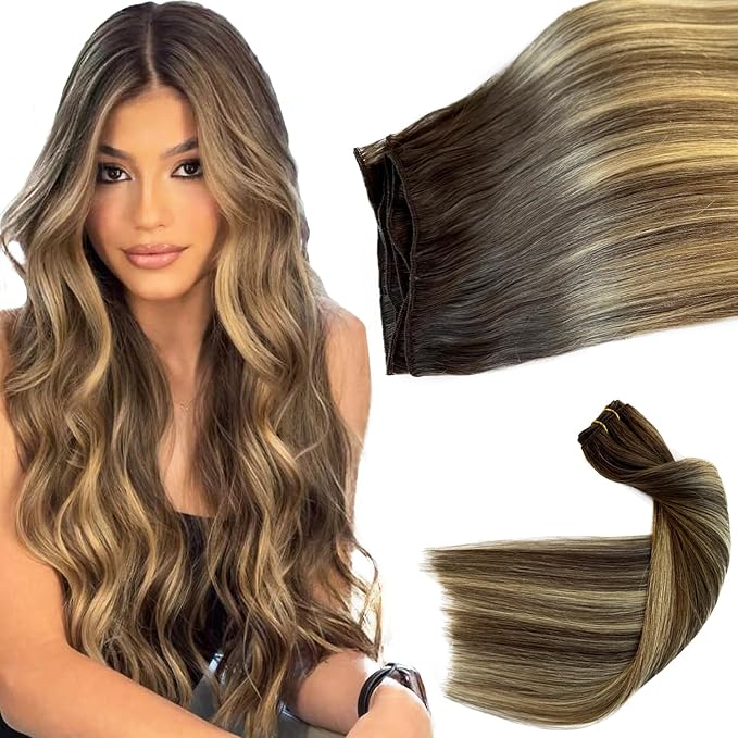 Sew in Hair Extensions Real Human Hair, Hand Tied Human Hair Weft Extensions 16 Inch Ombre Ash Brown to Ash Blonde Balayage Blonde Highlights Hair Weft 80G Straight Human Hair Weft Weaves Bundles