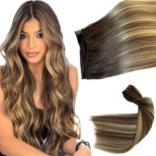 Sew in Hair Extensions Real Human Hair, 24 Inch Weft Hair Extensions Human Hair, Ombre Ash Brown to Ash Blonde Balayage Blonde Highlights 120GReal Human Hair Wefts Hair Weave Bundles for Women