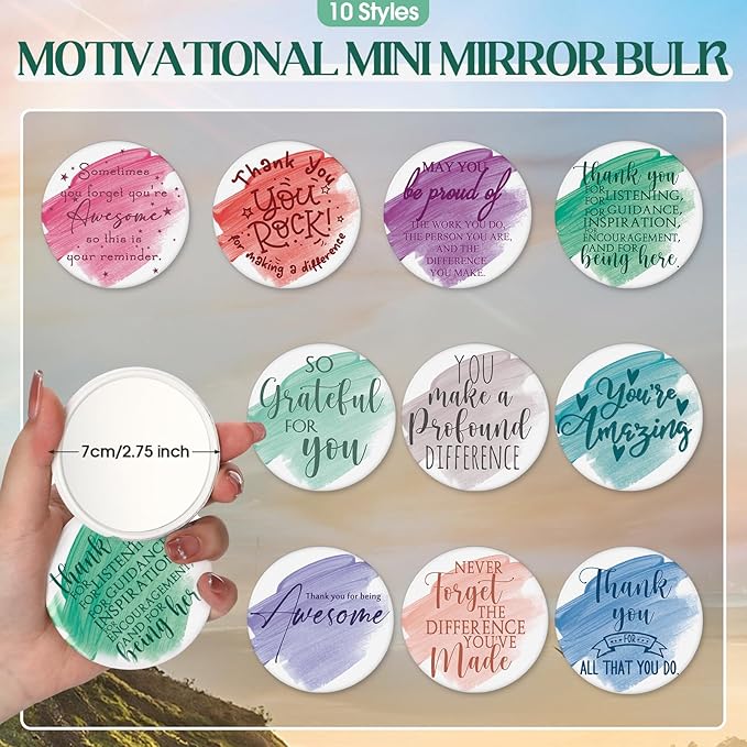 20 Pcs Employee Appreciation Gifts 10 Inspirational Canvas Makeup Bags 10 Compact Mirrors Bulk Cosmetic Bags Round Portable Pocket Mirror Thank You Gifts for Women (Appreciation)