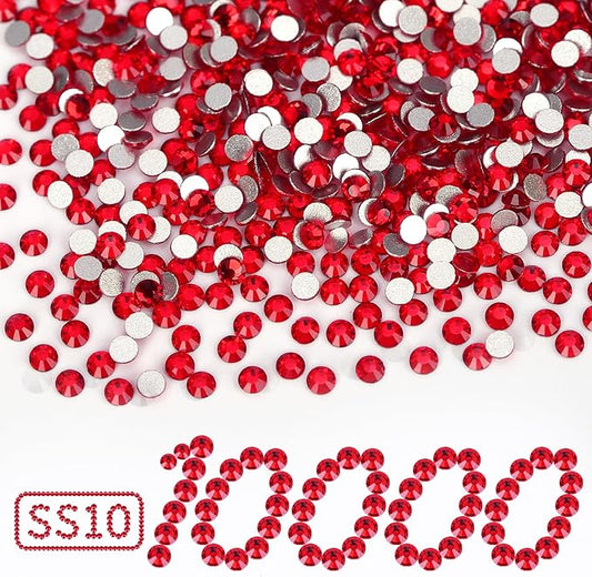 10000PCS Red Rhinestones Bulk, Flat Back Crystal Glass Stone Round Gems,SS10, 2.7-2.9mm