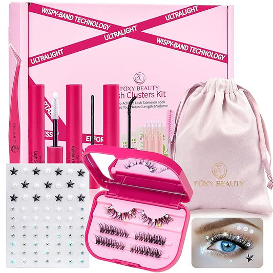 Lash Clusters Kit with Self Adhesive Pearl Stickers Natural Lash Clusters Left Right Lash Extension Kit with Bond Seal Eyelash Kit Gift Set with Drawstring Bag Portable Starter Kit Birthday Gift Women