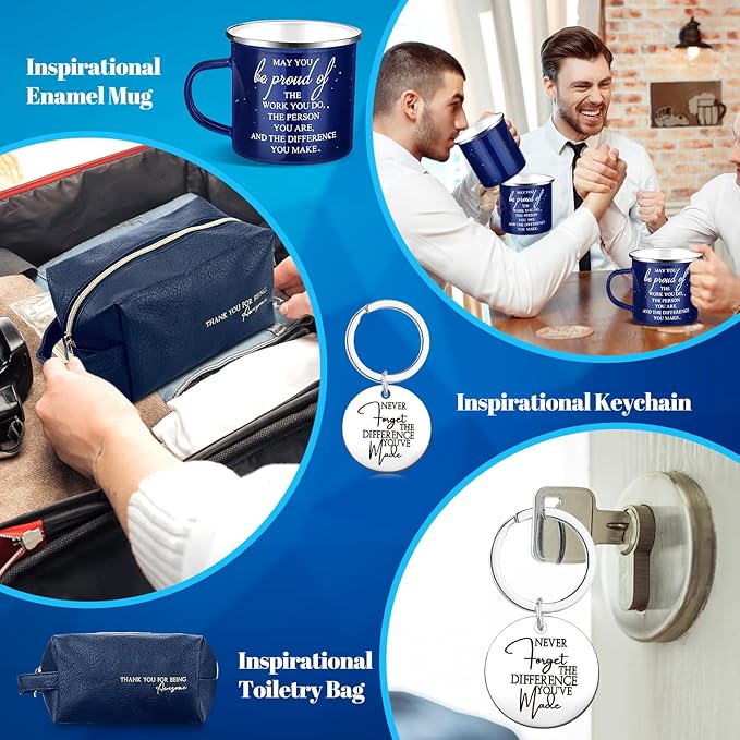 Dandat 3 Pcs Thank You Gift for Men Employee Appreciation Gift Leather Toiletry Bag 12 oz Inspirational Enamel Mug Motivational Keychain May You Be Proud Sign for Coach Men Teacher Male Staff (Blue)