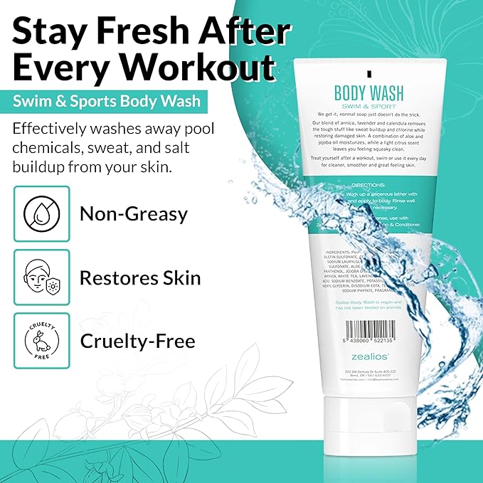 Zealios Swim & Sport Body Wash for Swimmers & Athletes 8oz, Skin Care Solution for Men & Women, Removes Chlorine, Sweat & Odor, Provides Cleansing and Hydration from Pool Chemicals, Light Citrus Scent