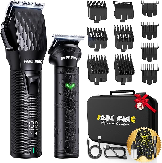 FADEKING® Professional Hair Clippers for Men - Cordless Beard Trimmer for Men, LCD Display Hair Clippers and Trimmer Set for Barber Haircut & Mens Grooming with Travel Case(Black)
