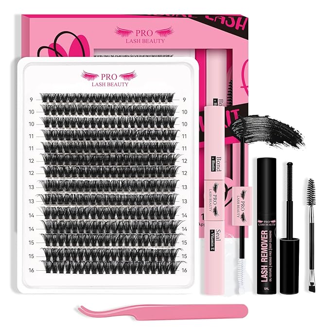 DIY Lash Extension Kit 280pcs Lash Clusters D Curl Eyelash Extension Kit Individual Lashes with Lash Bond and Seal Lash Applicator Easy to Apply at Home(80D-9-16mix Kit)