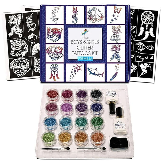 Premium Glitter Temporary Tattoo Kit for Boys and Girls, 74 Stencils, 16 Colors and 2X 0.5 fl.oz Body Glue for Body Glitter Fake Tattoos for Kids Makeup Tattoo Supplies Party Favors Party Supplies