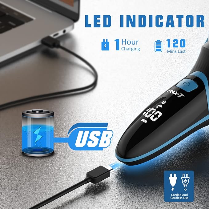 MAX-T Electric Shaver for Men, Cordless Electric Razor with Travel Case, Wet & Dry Use Men's Razor with Pop-Up Trimmer, 3D Rechargeable IPX7 Waterproof Rotary Shaver