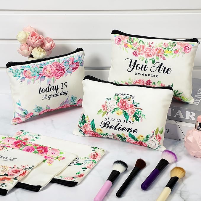 Pinkunn 16 Pcs Canvas Cosmetic Bag Bulk Inspirational Quotes Makeup Bags with Zipper Encouragement Travel Toiletry Pouch Appreciation Gift for Christmas Teacher Birthday Graduation(Flower)