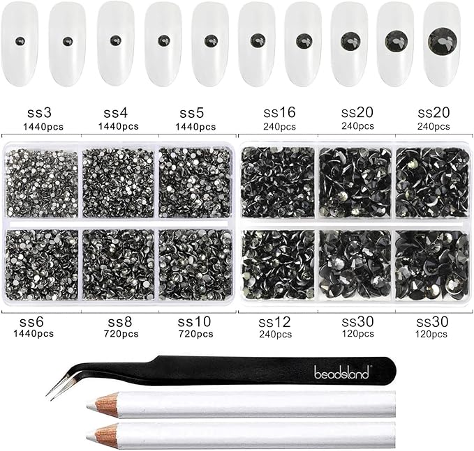 Beadsland 8300PCS Flatback Rhinestones, Gray Rhinestone Round Crystal Rhinestones for Crafts, Mixed 10 Sizes with Wax Pencil and Tweezer Kit, SS3-SS30, Black Diamond