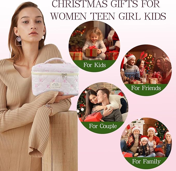 3Pcs Quilted Makeup Bag, Cute Floral Cotton Cosmetic Bag set, Coquette Bow Makeup Pouch Large Travel Toiletry Bag