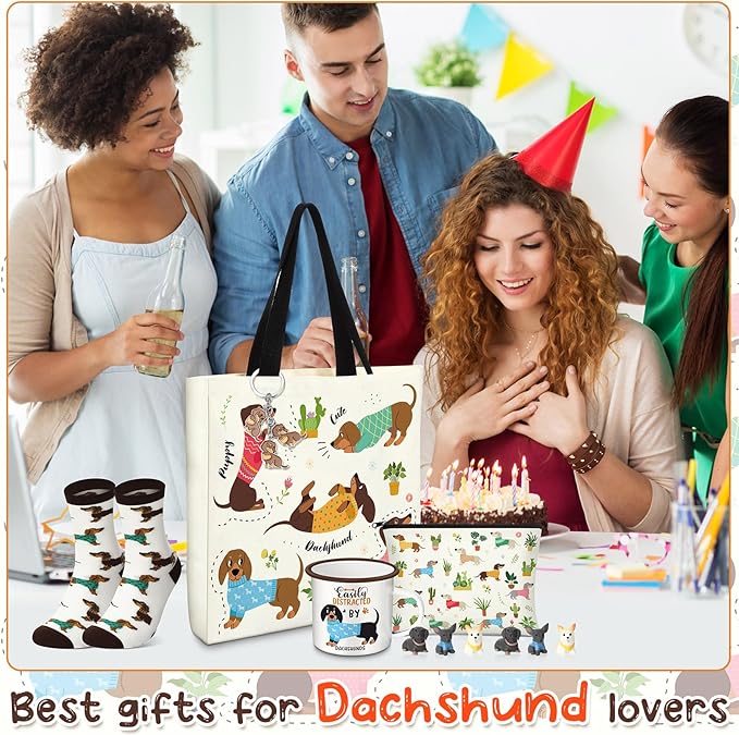 Animal Lover Gifts for Women Mother's Day Animal Themed Gifts for Mom Include Canvas Tote Bag, Makeup Bag, Socks, Keychain, Enamel Mug, Small Figurines(Dachshund)