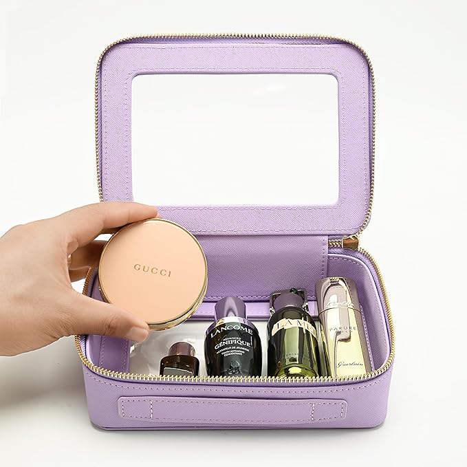 Aveniee Clear Makeup Bag for Women, Clear Cosmetic Case Travel Toiletry Bag, Heavy Duty Makeup Organizer Car Bag with Clear Windows & Gold Zippers(Lilac)