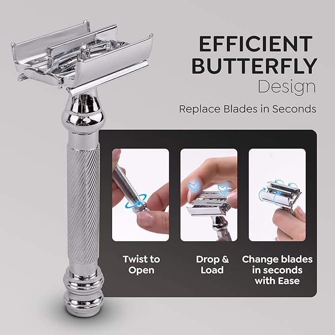 Parker 99R Chrome Long Handle Heavyweight Butterfly Open Double Edge Safety Razor for Men, 5 Parker Premium Platinum Double Edge Razor Blades Included