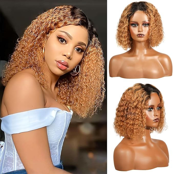 1B/30 Wear and Go Bob Wig Human Hair Deep Wave Ombre Lace Front Wigs Human Hair 5x5 Lace Wigs Glueless Wigs Human Hair Pre Cut Curly Wig Human Bob Hair 180% Density with Black Roots 12 Inch
