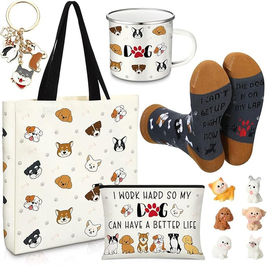 Animal Lover Gifts for Women Mother's Day Animal Themed Gifts for Mom Include Canvas Tote Bag, Makeup Bag, Socks, Keychain, Enamel Mug, Small Figurines(Dog)