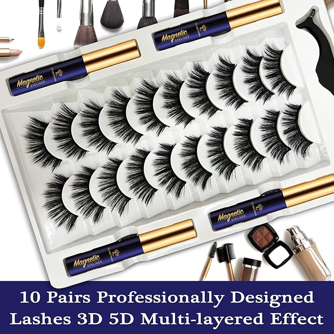 3D Magnetic Eyelashes with Eyeliner, Cat-Eye Magnetic Lashes Natural Looking with 4 Tubes of Liner,Upgraded Waterproof, Long Lasting,10 Pairs Reusable False Eyelashes,