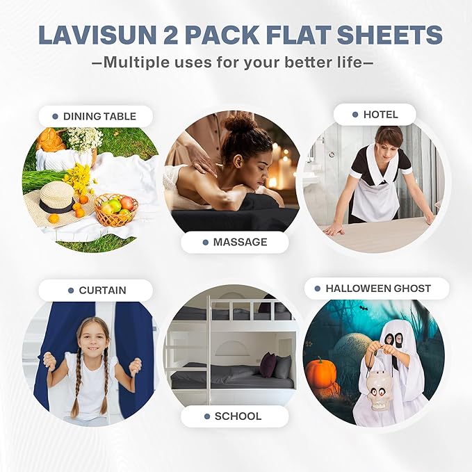 Lavisun Flat Sheets 2 Pack,Hotel Quality Flat Bed Sheets,Brushed Microfiber Bed Sheets, Bulk Sheets for Massage, Home, Dorm (Black,Full)
