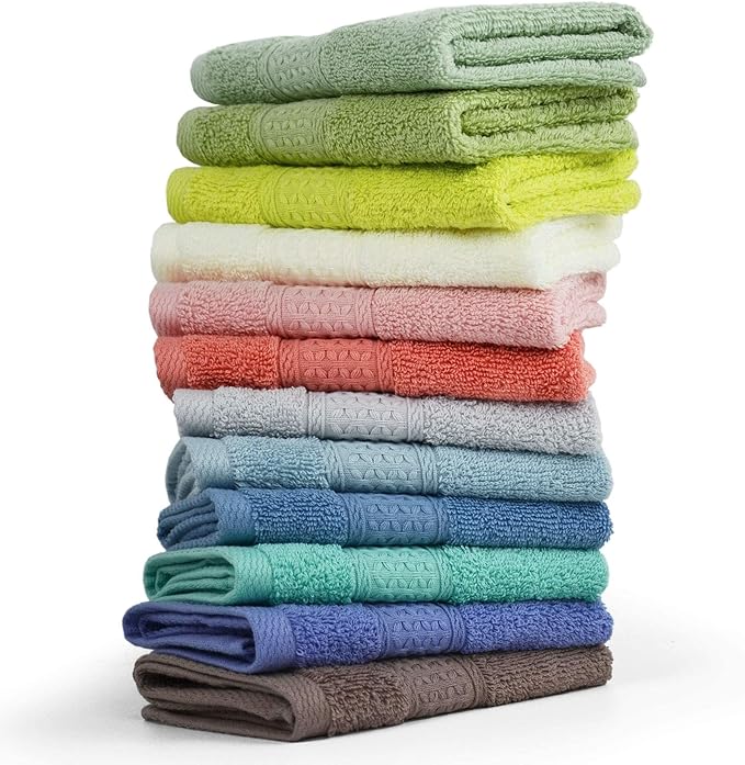 Cleanbear 100% Cotton Wash Cloths 12 Pack Bath Washcloths Facecloths, 13 by 13 Inches Large Bathroom Washcloth Set 12 Assorted Colors (Multi, 12)