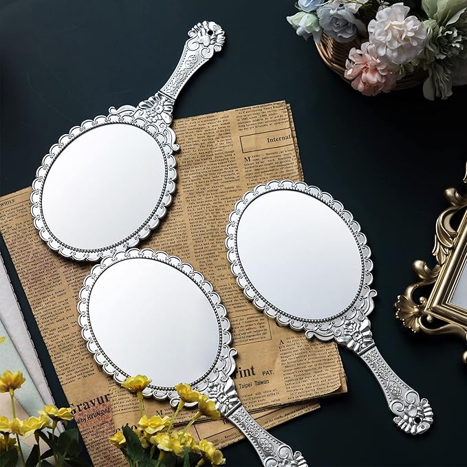 Qunclay 12 Pcs Vintage Handheld Mirror, 9.8" L x 4.5" W Small Sliver Embossed Portable Princess Mirror for Classroom Kids Princess Party Favors Travel