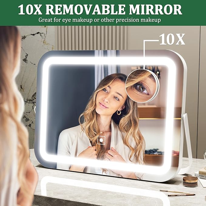 14x10 Inch Lighted Makeup Mirror with 10X Magnification - 3 Mode Dimmable LED & Smart Touch Control - Vanity Mirror with Lights for Desk (White)