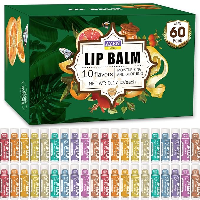 AZEN 60 Pack Lip Balm, Natural Lip Balm Bulk, Lip Care Product, Moisturizing Lip Balm for dry cracked lips (C-60)