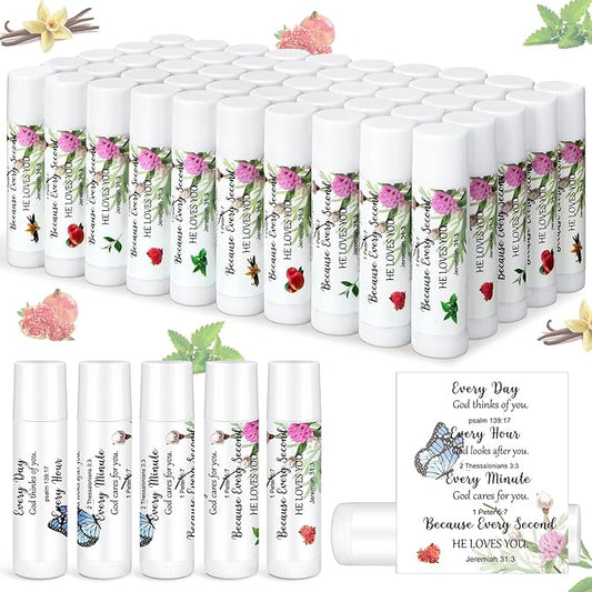 50 Pcs Lip Balm Bulk Christian Gift for Women Faith Religious Bible Verse Lip Balm Inspirational Gift Scripture Moisturizing Lip Care Product for Coworker Sister Teacher (Floral)