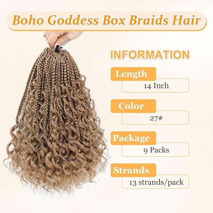 9 Packs Goddess Box Braids Crochet Hair Boho Crochet Box Braids With Curly Ends Crochet Hair For Black Women, 14 Inch Pre Looped Bohemian Crochet Box Braids Hair (14Inch 9 Packs,27#)