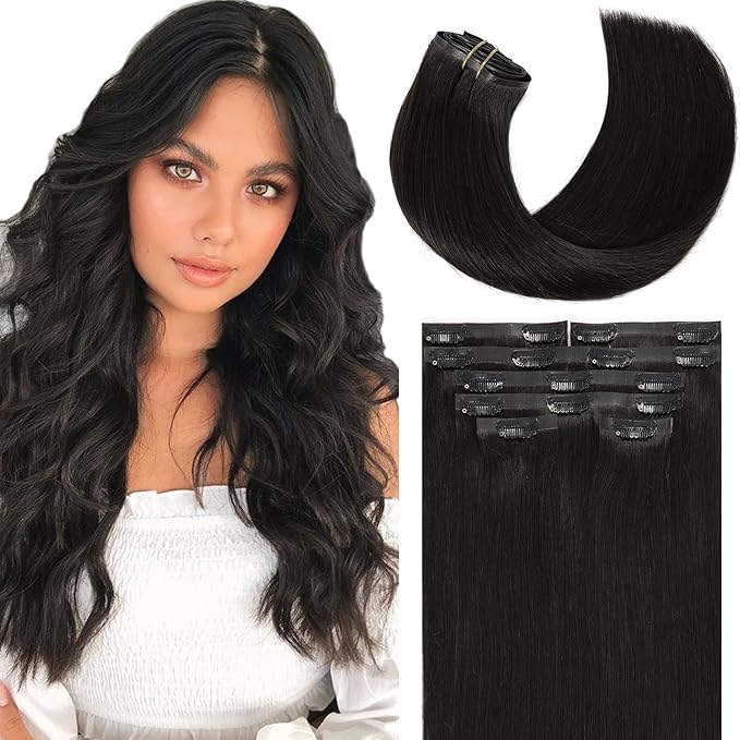 Loxxy Seamless Hair Extensions Clip in Human Hair For Women Ultra-Invisible PU Weft Clip On Hair Extensions Natural Black #1B Color 14inch 7 Pieces Thick Seamless Clip in Hair 110gram