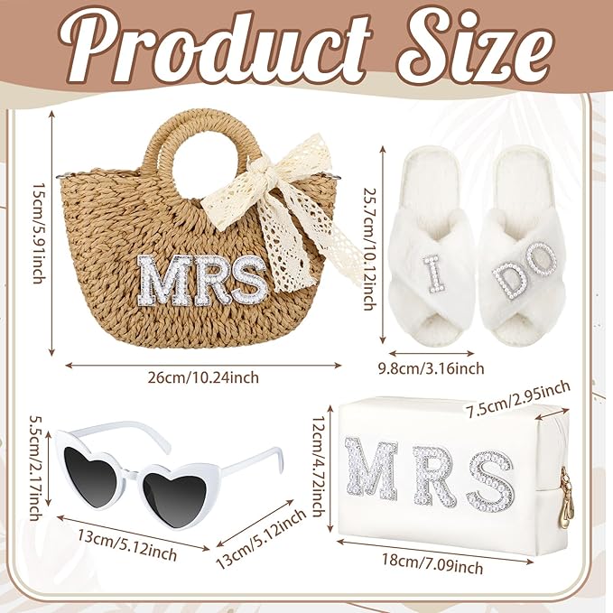 4 Pcs Bridal Shower Gift Set Include Handwoven Wedding Straw Purse Makeup Cosmetic Tote Bag Beach Bride Sunglasses Cross Band Women Slippers for Bridal Shower Bachelorette Party(Mrs)
