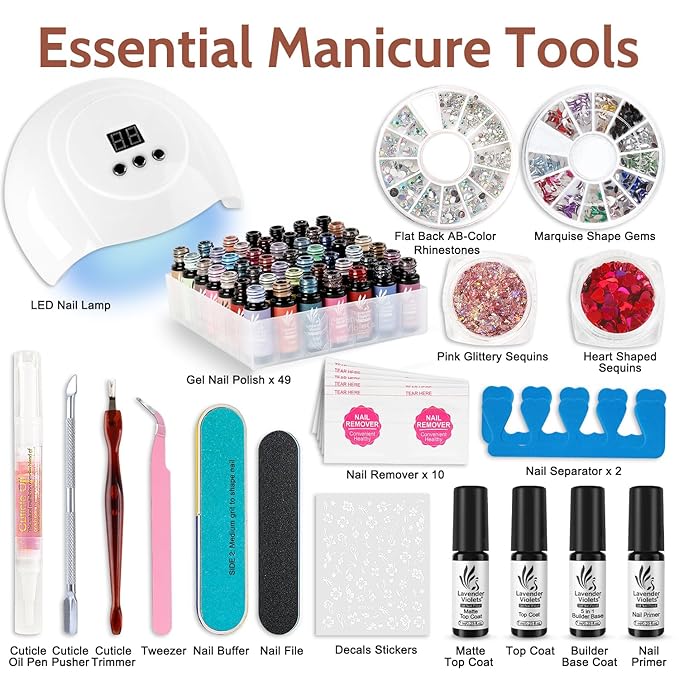 Lavender Violets 73 Pcs Gel Nail Polish Kit with U V Light, 45 Colors with Nail Primer,Builder Base,Matte & Glossy Top Coat Soak Off Manicure Tools Gifts for Women LA07