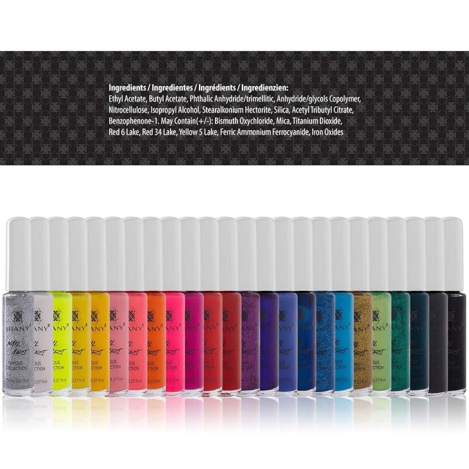 SHANY Nail Art Set Nail Polish - Glitter, Metallic, Pearls, Neon and Matte Nail Polish Nail Art Drawing Decoration Set With Built-in Thin Nail Art Brush - 24 Famous Colors Nail Polish Bulk