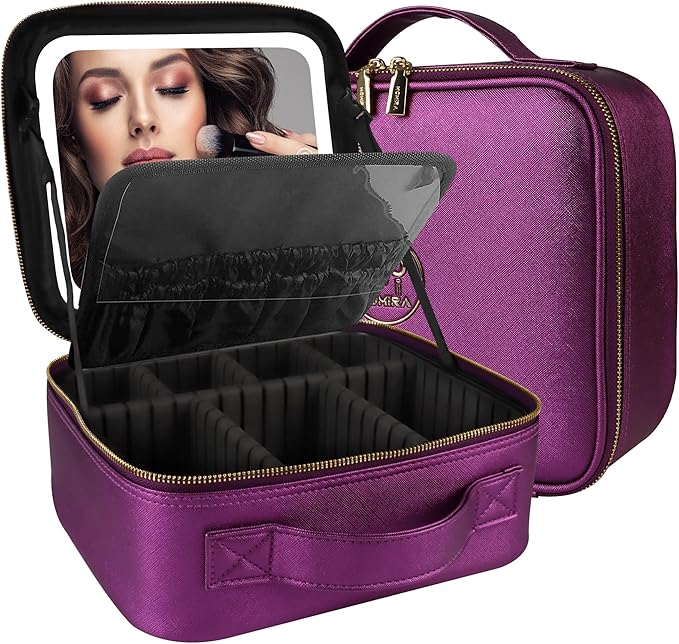 MOMIRA Travel Makeup Bag Cosmetic Bag Makeup Organizer Bag with Lighted Mirror, Adjustable Brightness in 3 Color Scenarios, Waterproof Makeup Train Case, Gift for Women - Brilliant Purple