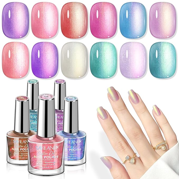 SAVILAND Aurora Nail Polish Set - 12 Shimmer & Holographic Quick-Dry Non-Gel Polish (Glossy, Pearl, Duochrome) with Base & Top Nail Coat, Salon & DIY Essentials for Nail Art