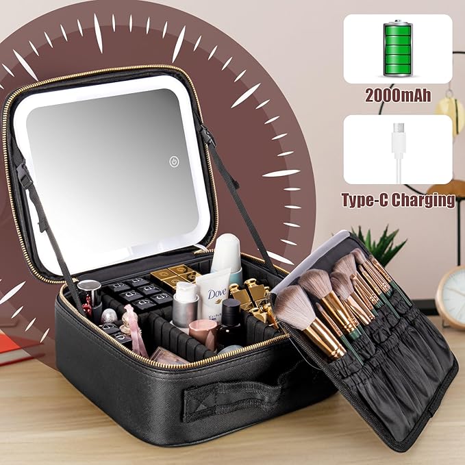 Makeup Travel Train Case with Mirror LED Light 3 Adjustable Brightness Cosmetic Bag Portable Storage Adjustable Partition Waterproof Brushes Makeup Jewelry Gift for Women, Black