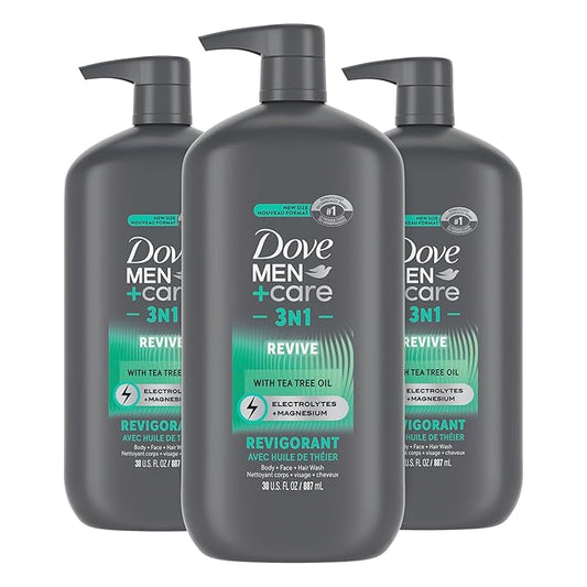 DOVE MEN + CARE Body and Face Wash Invigorating Revive 3N1 3 Count with Tea Tree Oil, with 24-Hour Nourishing Micromoisture Technology, 30 oz