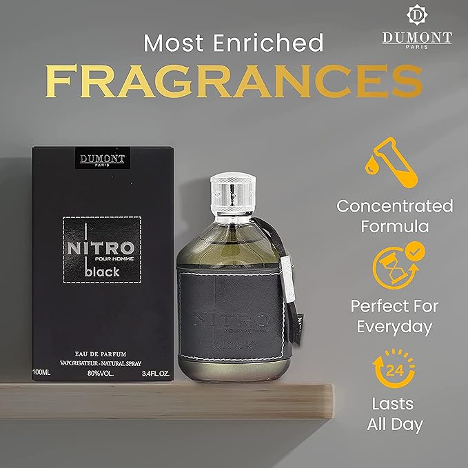 Nitro Black - 3.4 Eau De Parfum - 3.4oz - Luxury Perfume for Men - Woody, Floral, Fruity & Masculine Fragrance - Long Lasting Cologne Mist & Body Spray - for Him