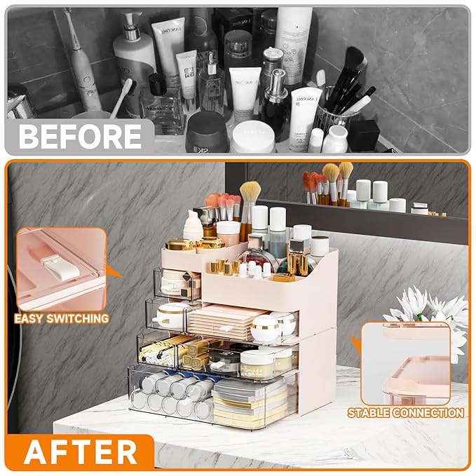 Make up Organizer With 6 Drawers,2 Pack Stackable Plastic Cosmetic Storage Organizer for Dresser and Vanity,Ideal for Beauty,Perfume,Brushes,Skincare Bathroom Organizers and Storage Counter,Pink
