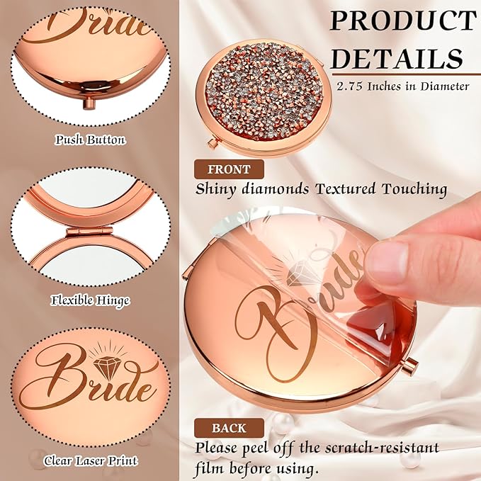 Barydat 10 Pieces Bridesmaid Gifts Set Magnifying Compact Mirror Bride I Do Crew Bridesmaid Proposal Gifts Travel Small Mirror for Purse Makeup Pocket Mirror for Women Wedding Party, Rose Gold