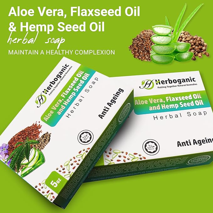 Aloe Vera, Flaxseed and Hemp seed oil Herbal Soap | Pack of 6 of 5oz soap Bar | Ideal for Men and Women, Soothing and Nourishing Soap for Moisturization