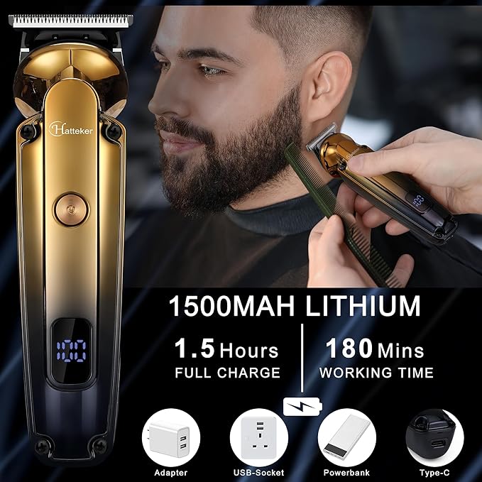 Hatteker Men's Beard Trimmer Kit Electric Razor Shaver Professional Hair Clipper with Zero Gapped T-Blade Nose Ear Beard Body Trimmer for Men Waterproof Cordless Grooming Kit 6 in 1