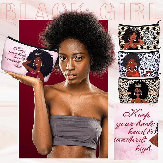 Talltalk 24 Pcs Black African Women Makeup Bag Toiletry Canvas Makeup Bags Zipper Cosmetic Pouch Reusable Multi Purpose Organizer for Mother's Day Inspirational Gifts