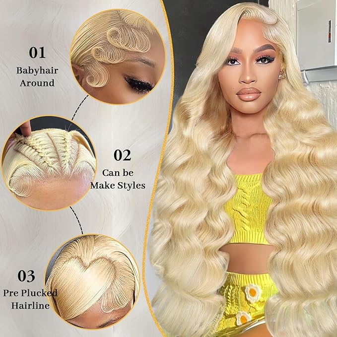 26 Inch 613 13x6 Lace Front Wig Human Hair Blonde Wig Human Hair 200 Density Blonde Lace Front Wigs Human Hair Pre Plucked 613 Body Wave HD Lace Frontal Wigs