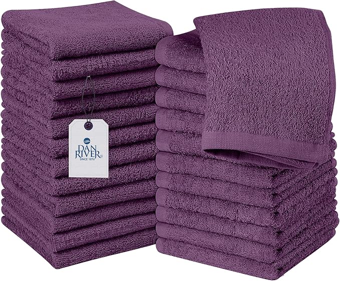 DAN RIVER 100% Cotton Washcloths 24 Pack Premium Quality Face and Body Cloth, Quick Dry Essential Towels for Bathroom, Hand, Kitchen & Cleaning, Baby Washcloths | 12X12 in | 400 GSM | Purple Passion