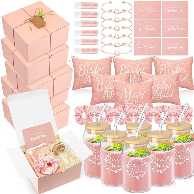 54 Pcs Bridesmaid Proposal Gifts Bridesmaid Box Set Include Bridal Shower Gift Box Makeup Bag Invited Card Glass Cup Lip Balm Scrunchie Hair Knotted Bracelet for Maid of Honor(Pink)